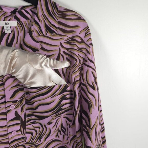 NWT BP. PINK BOUQUET RETRO ZEBRA Button up Collared LS Shirt 100% Rayon Sz XS - Picture 11 of 12